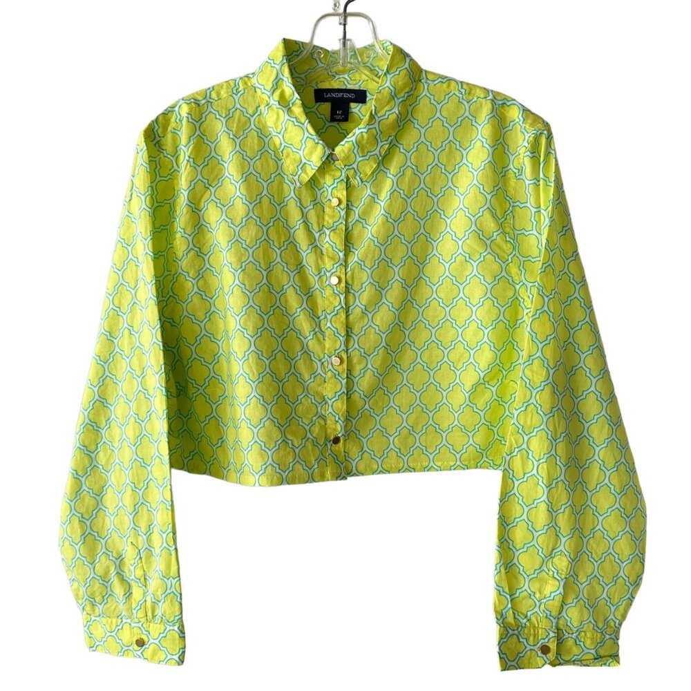 Cropped Lands End Button Up Shirt 12 Print Yellow Mediterranean Geometric